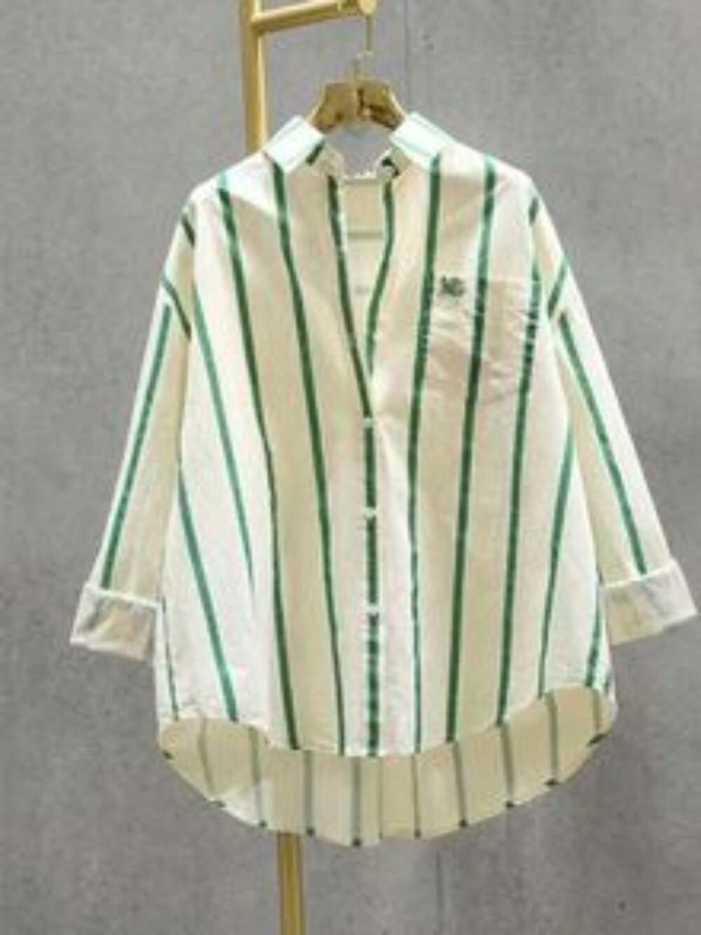 Women Green Striped Casual Drop Shoulder Loose Patchwork Pocket Shirt